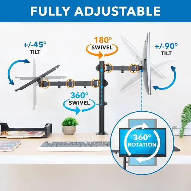 Alt view image 3 of 5 - Mount-It! Laptop Desk Mount with Monitor Arm, Dual Laptop and Monitor Stand, Fully Adjustable, VESA Compatible, Ventilated Tray, Fits 13-32" Screens and Laptops up to 17", Clamp & Grommet Base