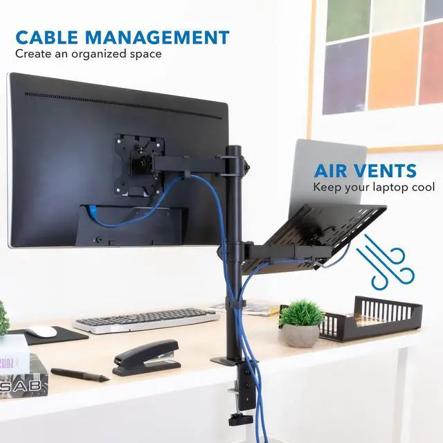 Alt view image 5 of 5 - Mount-It! Laptop Desk Mount with Monitor Arm, Dual Laptop and Monitor Stand, Fully Adjustable, VESA Compatible, Ventilated Tray, Fits 13-32" Screens and Laptops up to 17", Clamp & Grommet Base