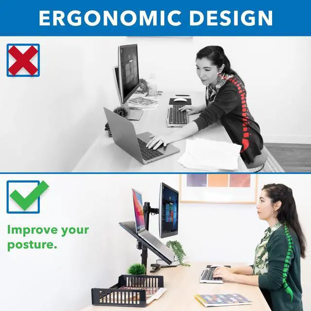 Alt view image 4 of 5 - Mount-It! Laptop Desk Mount with Monitor Arm, Dual Laptop and Monitor Stand, Fully Adjustable, VESA Compatible, Ventilated Tray, Fits 13-32" Screens and Laptops up to 17", Clamp & Grommet Base