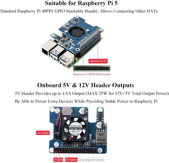 Alt view image 4 of 5 - waveshare Power Over Ethernet HAT PoE HAT with Metal Heatsink for Raspberry Pi 5, Onboard Cooling Fan, Supports 802.3af/at Network, 12V and 5V Power Outputs Easy for More Peripherals