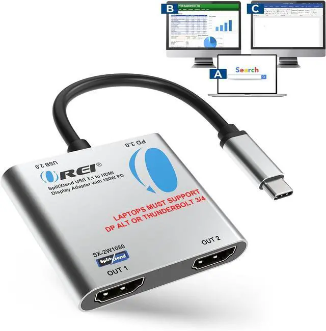 Main image of OREI SplitExtend HDMI Splitter Extended Display for Windows Only Dual Monitor - Multi-Monitor Display 3 Separate Screens - USB-C Adapter to HDMI 2.0, 4K@30Hz Outputs - 100W PD and USB 2.0 Input