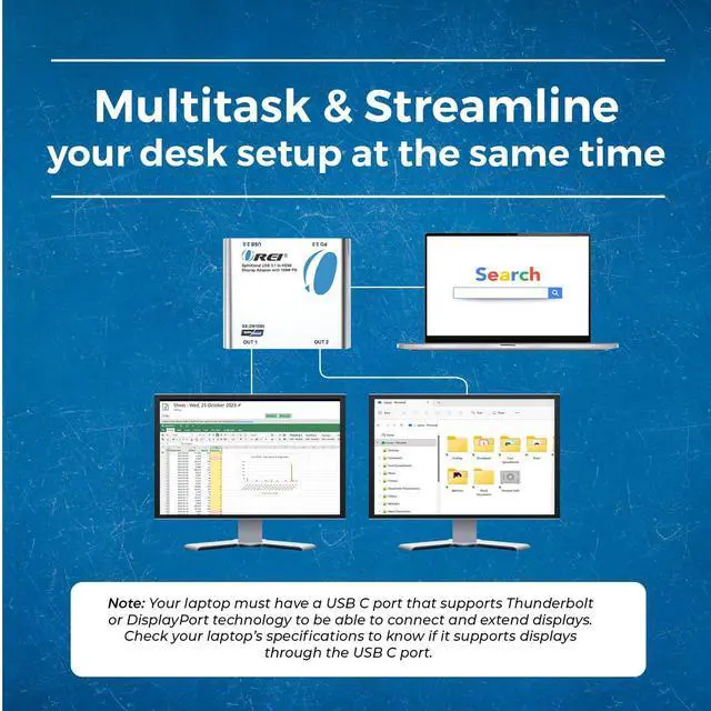 Alt view image 3 of 5 - OREI SplitExtend HDMI Splitter Extended Display for Windows Only Dual Monitor - Multi-Monitor Display 3 Separate Screens - USB-C Adapter to HDMI 2.0, 4K@30Hz Outputs - 100W PD and USB 2.0 Input