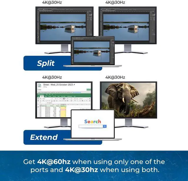 Alt view image 4 of 5 - OREI SplitExtend HDMI Splitter Extended Display for Windows Only Dual Monitor - Multi-Monitor Display 3 Separate Screens - USB-C Adapter to HDMI 2.0, 4K@30Hz Outputs - 100W PD and USB 2.0 Input