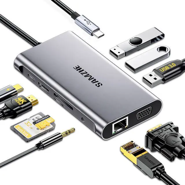 Main image of SAMZHE USB C Docking Station 10-in-1 USB-C Hub Dual 4K HDMI Monitor Laptop Dock Stations Multiple Adapter with HDMI 4K+VGA+3 USB-A 3.0 Port+100W PD Charger+Ethernet+SD/TF+Audio