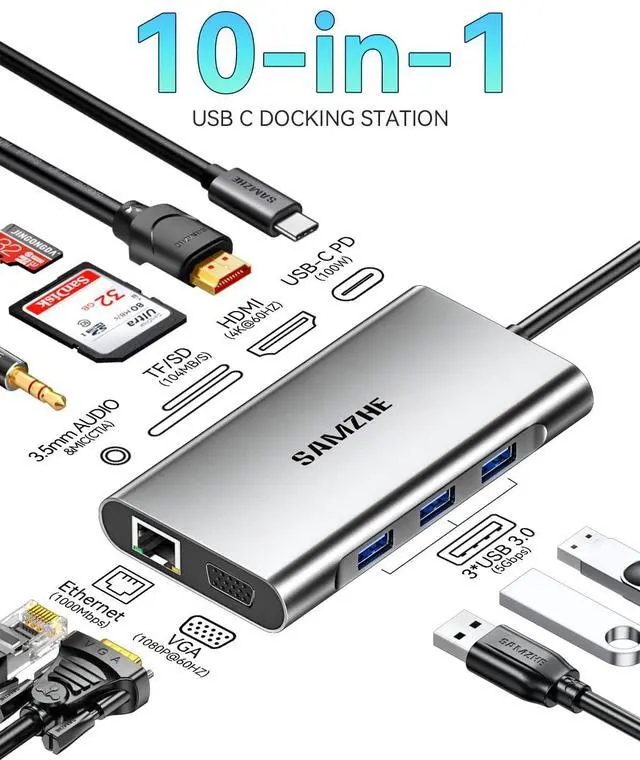 Alt view image 2 of 5 - SAMZHE USB C Docking Station 10-in-1 USB-C Hub Dual 4K HDMI Monitor Laptop Dock Stations Multiple Adapter with HDMI 4K+VGA+3 USB-A 3.0 Port+100W PD Charger+Ethernet+SD/TF+Audio