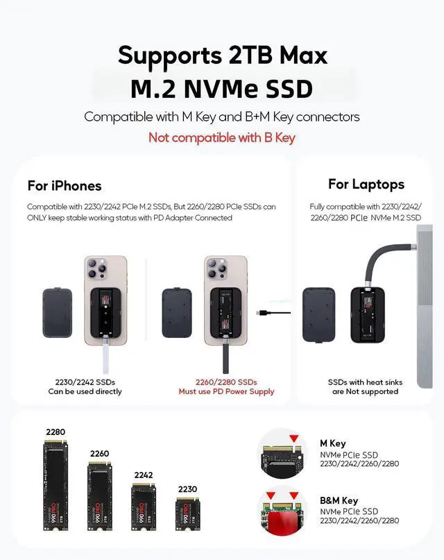 Alt view image 5 of 5 - PULWTOP Magnetic M.2 2230 SSD Enclosure for iPhone 15 16 Pro/Max ProRes, M.2 2242 2260 2280 NVMe SSD to USB C Enclosure 10Gbps, 60W PD, USB-C/ 3.5mm Audio for MacBook iPad (SSD Not Included) - Black