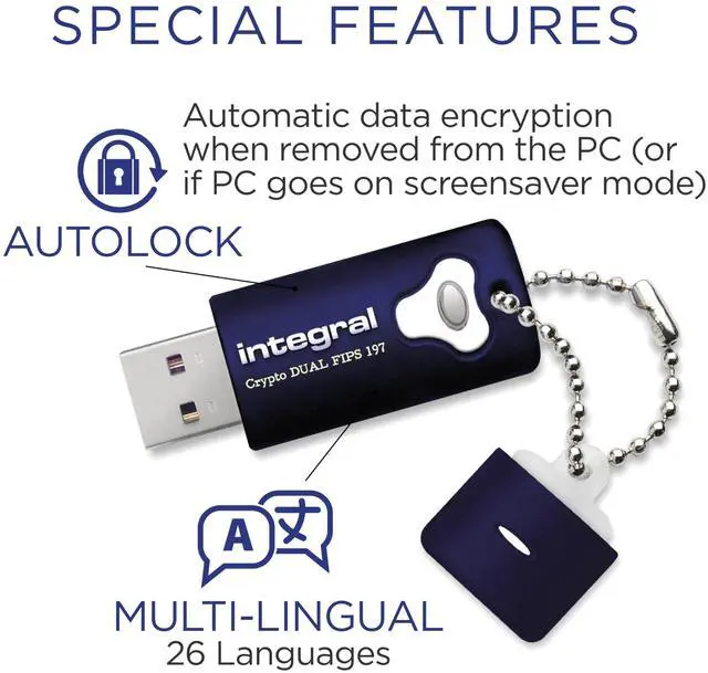 Alt view image 4 of 5 - Integral 8GB Crypto-197 256-Bit Hardware Encrypted 3.0 Secure Dual Password Flash Memory Drive - Certified to FIPS 197, Brute-Force Password Attack Protection & Rugged Double-Layer Waterproof Design
