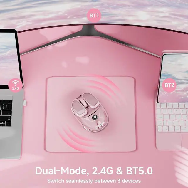 Alt view image 2 of 5 - SEUNKWANG EWEADN Q9 Wireless Clear Mouse Dual Mode Bluetooth & 2.4G USB Computer Mouse with RGB Lighting, Silent Clicks, Multi-Device Compatibility for Laptop, PC, MacBook, iPad Cute Mouse-Pink