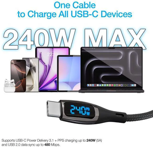 Alt view image 3 of 5 - Naztech USB-C to USB-C 240W PD Digital Charger Cable 12ft with LED Power Display Type C Fast Charging Cord for iPhone 16/15 Galaxy 24/23 MacBook, iPad & More
