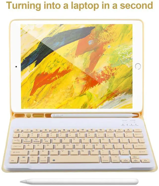 Alt view image 4 of 5 - AHYWTAN Keyboard Case for iPad 9/8/7th Gen 10.2'',Case with Keyboard ipad 10.2 inch,Keyboard for iPad 9th Gen,Bluetooth Keyboard for iPad 10.2,iPad Keyboard Case 9th Gen with Pencil Holder (Yellow)