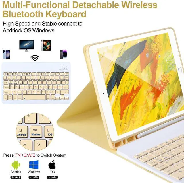 Alt view image 3 of 5 - AHYWTAN Keyboard Case for iPad 9/8/7th Gen 10.2'',Case with Keyboard ipad 10.2 inch,Keyboard for iPad 9th Gen,Bluetooth Keyboard for iPad 10.2,iPad Keyboard Case 9th Gen with Pencil Holder (Yellow)