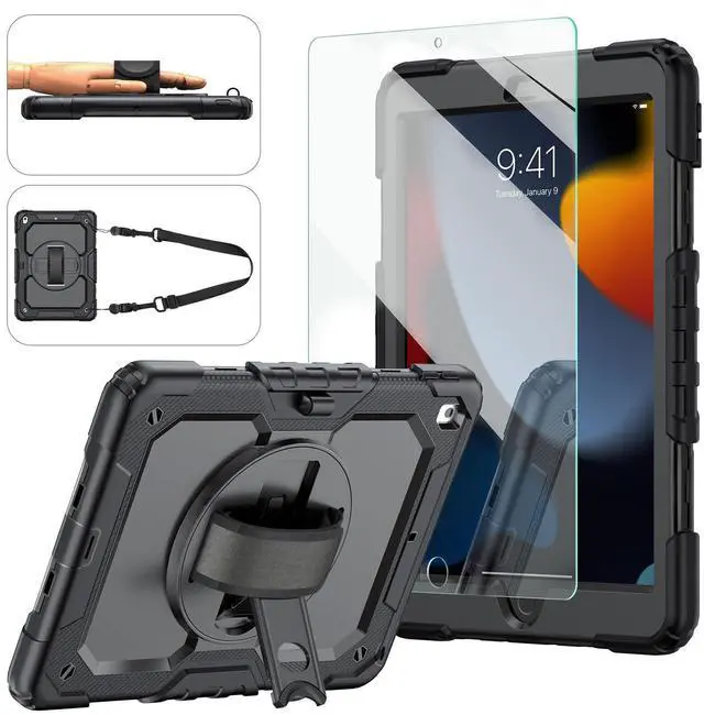 Main image of iPad 9th/8th/7th Generation Case, iPad 10.2 Case 2021/2020/2019, [Kid Proof] ambison Full Body Protective Case with 9H Tempered Glass Screen Protector, 360deg Rotatable Kickstand & Hand Strap (Black)