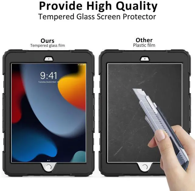 Alt view image 3 of 5 - iPad 9th/8th/7th Generation Case, iPad 10.2 Case 2021/2020/2019, [Kid Proof] ambison Full Body Protective Case with 9H Tempered Glass Screen Protector, 360deg Rotatable Kickstand & Hand Strap (Black)