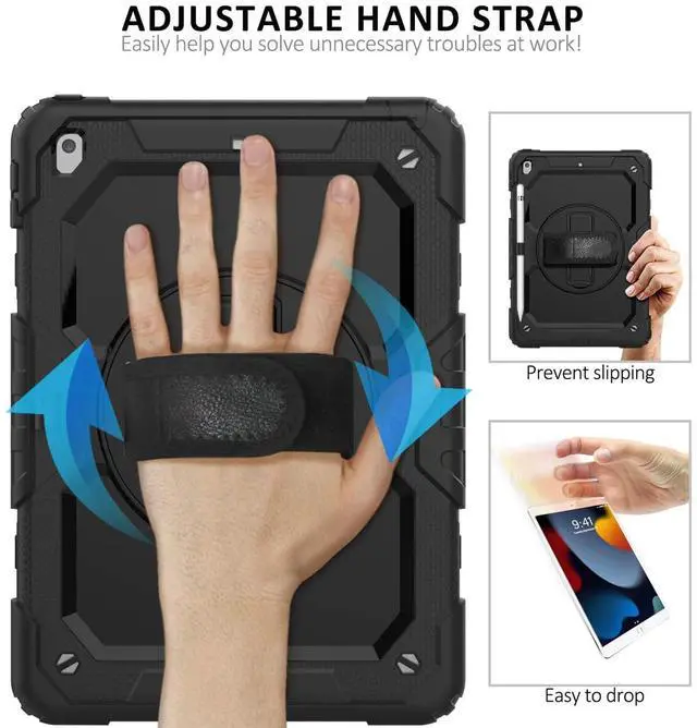 Alt view image 5 of 5 - iPad 9th/8th/7th Generation Case, iPad 10.2 Case 2021/2020/2019, [Kid Proof] ambison Full Body Protective Case with 9H Tempered Glass Screen Protector, 360deg Rotatable Kickstand & Hand Strap (Black)
