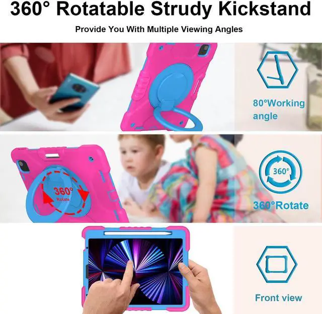 Alt view image 2 of 5 - Andnary Case for iPad Pro 11 Inch 4th 2022/3rd 2021/2nd 2020/1st Gen 2018, iPad Air 10.9 Inch 2022/2020 5th/4th Generation Case with Pencil Holder/360deg Rotating Handle Stand, Pink+Blue