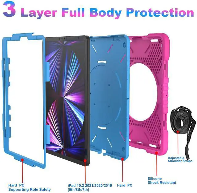 Alt view image 3 of 5 - Andnary Case for iPad Pro 11 Inch 4th 2022/3rd 2021/2nd 2020/1st Gen 2018, iPad Air 10.9 Inch 2022/2020 5th/4th Generation Case with Pencil Holder/360deg Rotating Handle Stand, Pink+Blue