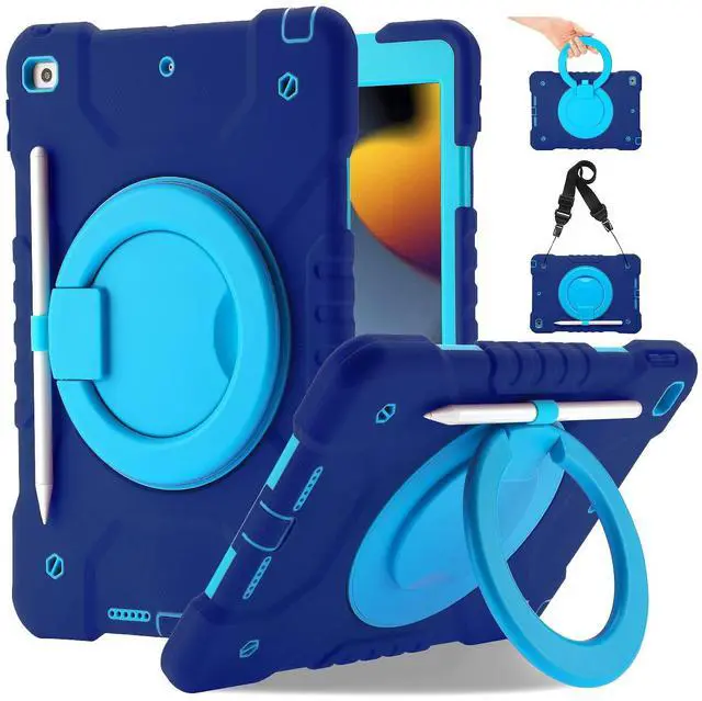 Main image of Andnary Case for iPad 10.2 inch 9th/8th/7th Generation, Heavy Shockproof Protective Cover with 360deg Rotating Handle/Bracket/Pen Holder/Shoulder Strap, Case for iPad 2021/2020/2019, Navy+Blue