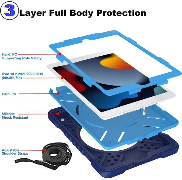 Alt view image 4 of 5 - Andnary Case for iPad 10.2 inch 9th/8th/7th Generation, Heavy Shockproof Protective Cover with 360deg Rotating Handle/Bracket/Pen Holder/Shoulder Strap, Case for iPad 2021/2020/2019, Navy+Blue