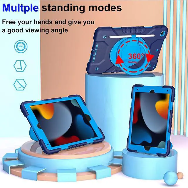 Alt view image 3 of 5 - Andnary Case for iPad 10.2 inch 9th/8th/7th Generation, Heavy Shockproof Protective Cover with 360deg Rotating Handle/Bracket/Pen Holder/Shoulder Strap, Case for iPad 2021/2020/2019, Navy+Blue