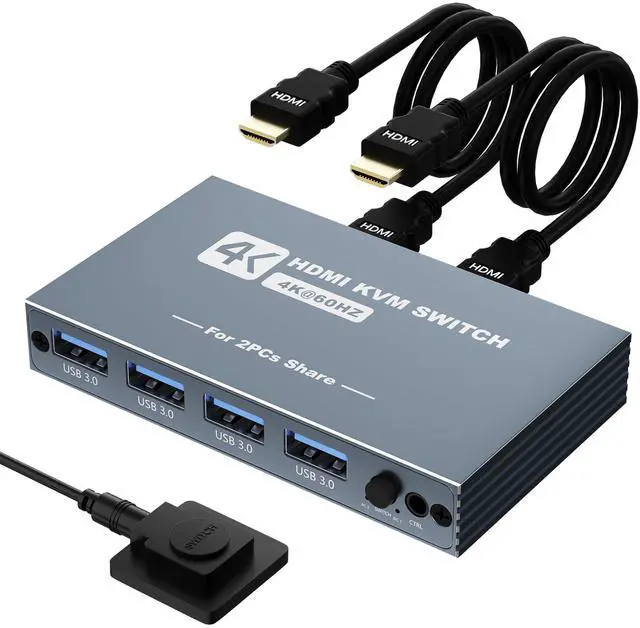 Main image of KVM Switch 1 Monitors 2 Computers, 4K@60Hz KVM Switch, USB3.0 Switch, KVM Switches for 2 Computers Sharing Monitor Keyboard Mouse Printer, Included 2 HDMI Cables 2 USB Cables and Controller (Gray)