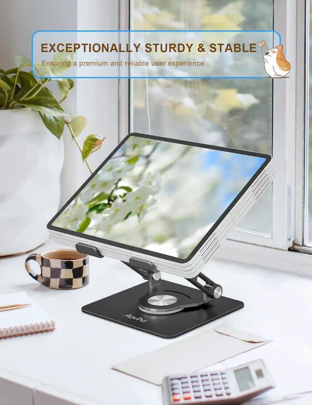 Alt view image 2 of 5 - Aoviho Tablet Stand 360deg Rotating Aluminum Holder, Adjustable, Portable and Foldable Monitors Stand for iPads, Compatible with 4-12.9" Tablets, Ink Black