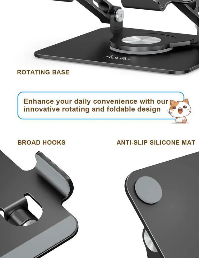 Alt view image 3 of 5 - Aoviho Tablet Stand 360deg Rotating Aluminum Holder, Adjustable, Portable and Foldable Monitors Stand for iPads, Compatible with 4-12.9" Tablets, Ink Black