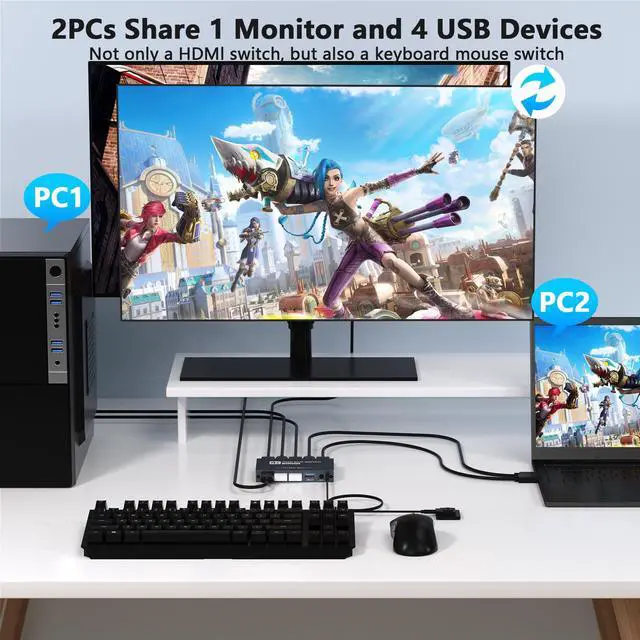 Alt view image 2 of 5 - KVM Switch 1 Monitors 2 Computers, 4K@60Hz KVM Switch, USB3.0 Switch, KVM Switches for 2 Computers Sharing Monitor Keyboard Mouse Printer, Included 2 HDMI Cables 2 USB Cables and Controller (Gray)