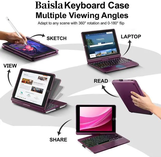 Alt view image 2 of 5 - Baisla iPad 9th Generation Case with Keyboard 10.2" (2021), 360deg Rotatable with Trackpad & Rainbow Backlit, iPad Keyboard case for 9th/8th/7th, iPad Air 3, iPad Pro 10.5 (Raspberry)