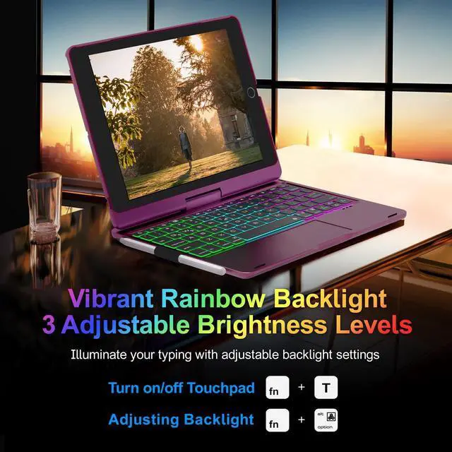 Alt view image 5 of 5 - Baisla iPad 9th Generation Case with Keyboard 10.2" (2021), 360deg Rotatable with Trackpad & Rainbow Backlit, iPad Keyboard case for 9th/8th/7th, iPad Air 3, iPad Pro 10.5 (Raspberry)