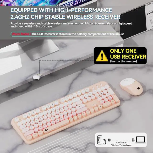 Alt view image 3 of 5 - Wireless Keyboard and Mouse Combo, 2.4GHz Colorful Typewriter Cute Full-Sized Round Keycaps Keyboard for Office Computer PC Desktops Laptop