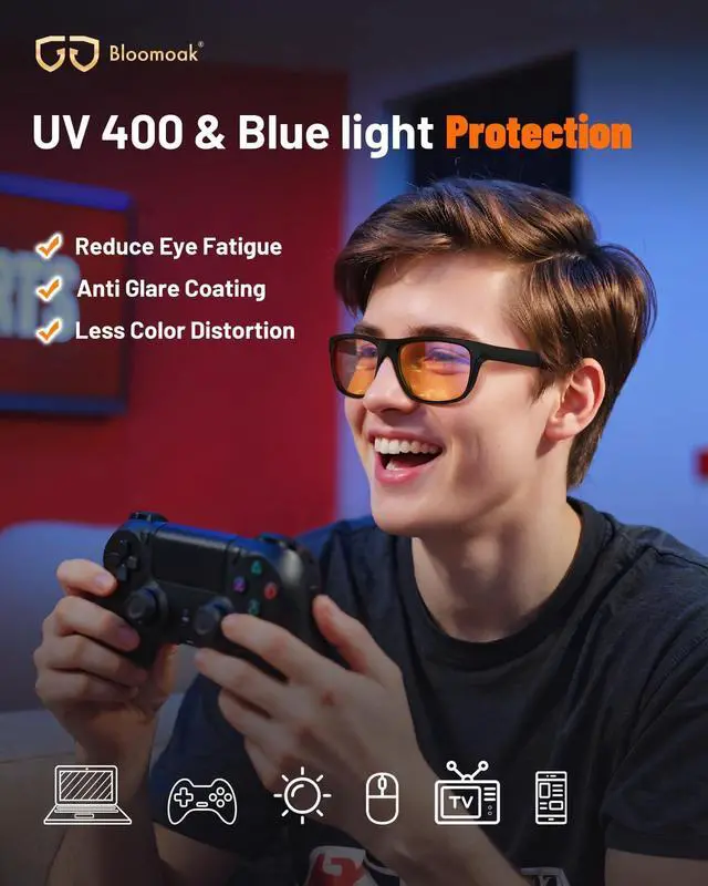 Alt view image 2 of 5 - Bloomoak Gaming Glasses for Men|Orange Blue Light Blocking Square Glasses for Sleeping|Anti-Fatigue for Computer/Screen(XL)