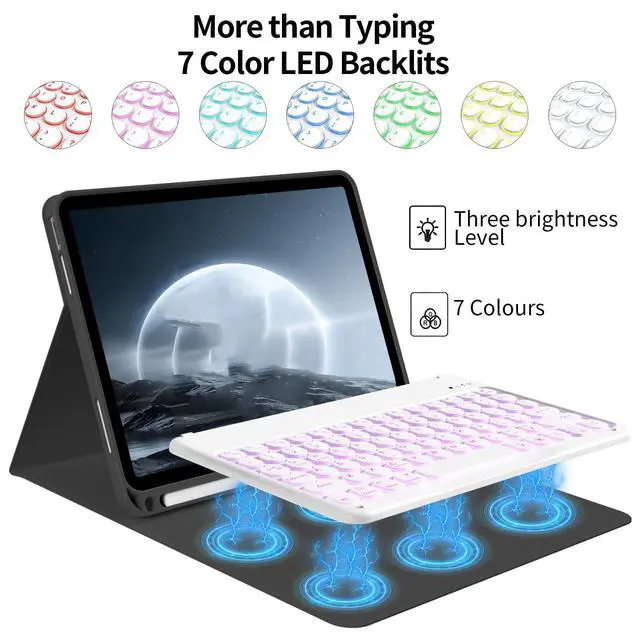Alt view image 4 of 5 - BQDIYOO for iPad 11th 10th Generation Case with Keyboard 2025 2022, 11 inch A16/10.9" 7 Color Backlit Wireless Detachable Keyboard Case with Pencil Holder, Auto Sleep/Wake Tablet Cover, Black