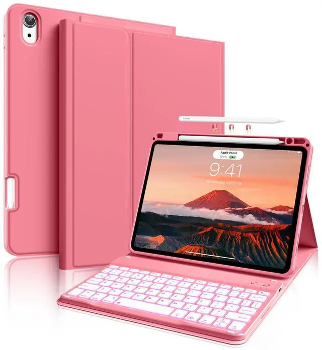 Main image of BQDIYOO Case for iPad Air 11-inch M3/M2 (2025/2024), Folio Cover with Pencil Holder for iPad Air 7th 6th 11"/Air 5th 4th Gen 10.9 inch Case with 7-Color Backlit Detachable Bluetooth Keyboard, Red
