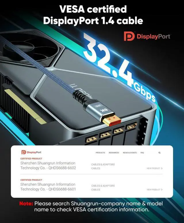 Alt view image 2 of 5 - Capshi 8K 4K DisplayPort Cable 1.4, 2-Pack 6.6FT DP Cord (VESA Certified, 8K@60Hz, 4K@144Hz, 2K@240Hz/165Hz), 32.4Gbps High Speed Display Port Cable for Gaming Monitor, HDR/FreeSync/G-Sync, Grey