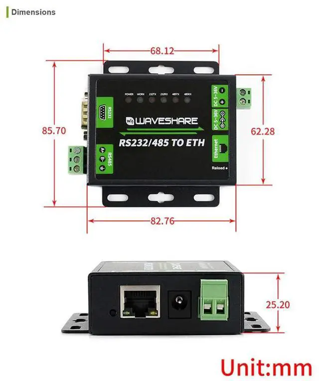 Alt view image 5 of 5 - Coolwell Waveshare RS485 to Ethernet Converter Industrial RS232/RS485 to RJ45 Converer Dual Serial Ports Bi-Directional Rransparent Data Transmission
