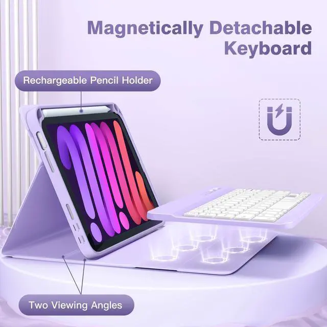 Alt view image 4 of 5 - Cousper for iPad Mini 7 Keyboard Case A17 Pro 2024/iPad Mini 6 Generation Case with Keyboard 2021 8.3 Inch, Pencil Holder, 7 Color Backlit Detachable Keyboard Cover for iPad Mini 7th/6th Gen,Purple