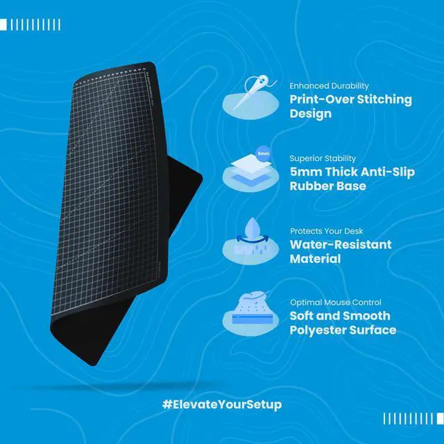 Alt view image 2 of 5 - Deskr Black GridPad Deskpad Full XL Gaming Desk Mat Gamer Desk Pad with Stitched Edges 5mm Thick Non-Slip Water-Resistant Rubber Laptop Computer Mousepad for Office and Home - 35.4 x 15.7 in