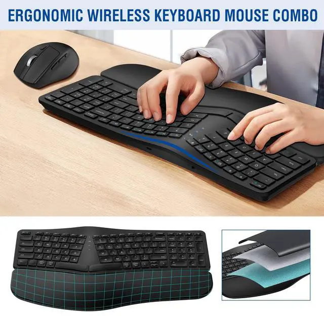 Alt view image 2 of 5 - MK960 Ergonomic Wireless Keyboard Mouse Combo, Bluetooth/2.4G Split Design Keyboard with Palm Rest and 4 Level DPI Adjustable Wireless Mouse Multi-Device, Rechargeable, for Windows/Mac/Android