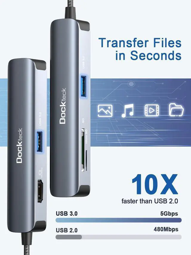 Alt view image 2 of 5 - USB C Hub Multiport Adapter, dockteck 5-in-1 USB-C Hub with 4K 30Hz HDMI, SD/TF Card Slots, 2* USB 3.0 5Gbps Data Ports, for MacBook Pro, MacBook Air, iPad Pro, XPS