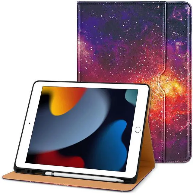 Alt view image 2 of 5 - DTTO for iPad 9th/8th/7th Generation 10.2 Inch Case 2021/2020/2019, Premium Leather Business Folio Stand Cover with 1 Pack HD Clear Tempered Glass Screen Protector, Galaxy
