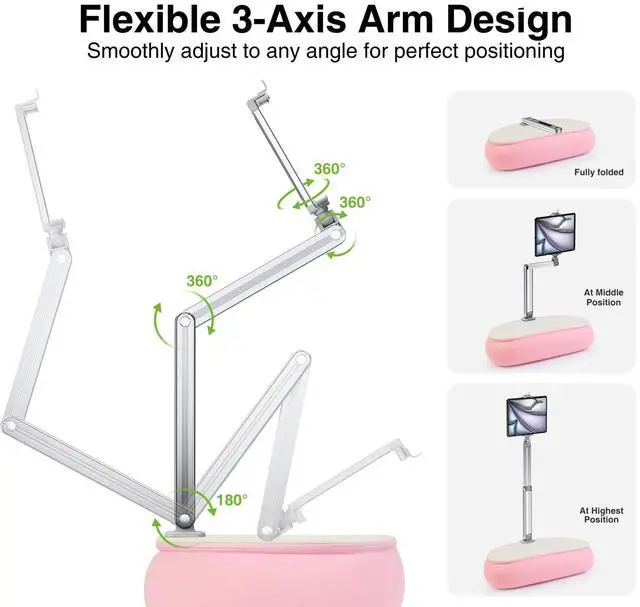Alt view image 4 of 5 - elitehood Tall iPad Pillow Stand for Lap in Bed, Long Arm Adjustable Tablet Pillow Holder, 360degRotation iPad Stand for Bed Compatible with 6" - 13" Tablet Kindle iPhone, Pink