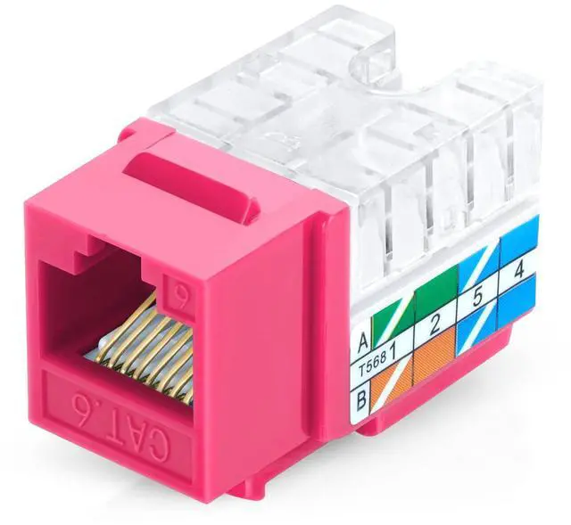 Main image of Everest 90deg Angled RJ45 Cat6 Keystone Jacks 20-Pack in Pink - Slim Profile Female RJ45 Connectors - Cat 6 Keystone Jack - Compatible with 90deg Angled Speed Termination Tool - easyJACK (B094WB91H3)
