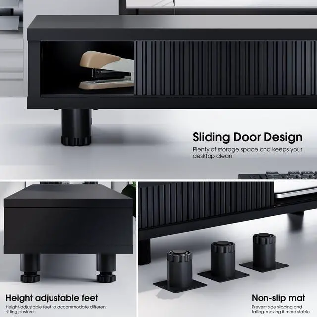 Alt view image 2 of 5 - Fenge Dual Monitor Stand, 42.5inch Long Monitor Stands Riser for 2 Monitors, Sliding Door with Storage Organizer Stand for Desk, 2 Tier Desk Shelf for Laptop, Pc, Printer, Computer, TV
