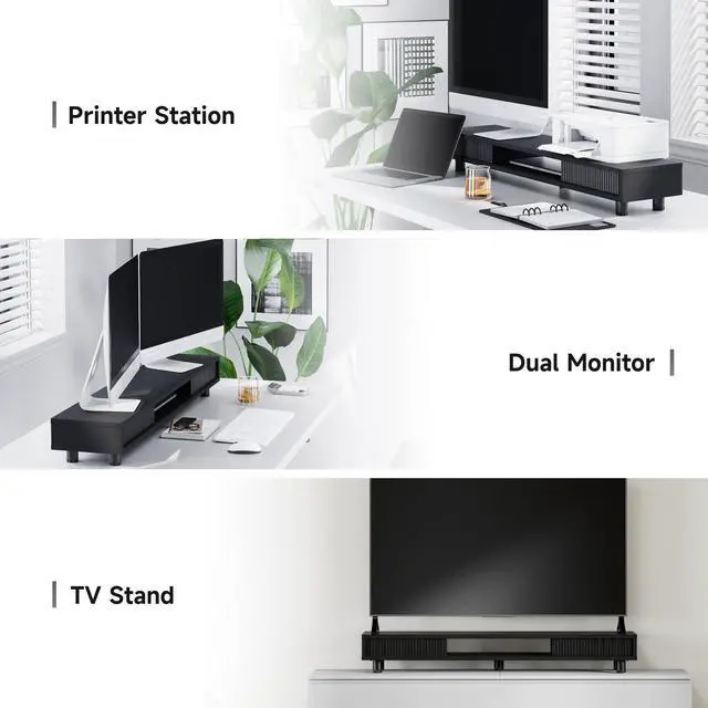 Alt view image 5 of 5 - Fenge Dual Monitor Stand, 42.5inch Long Monitor Stands Riser for 2 Monitors, Sliding Door with Storage Organizer Stand for Desk, 2 Tier Desk Shelf for Laptop, Pc, Printer, Computer, TV