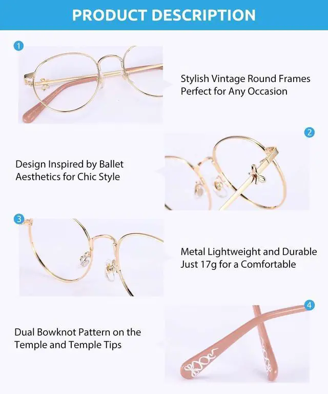 Alt view image 4 of 5 - Firmoo Blue Light Blocking Glasses for Woman, Gold Retro Round Metal Frame Anti Eyestrain UV400 Computer Gaming Glasses Bow165