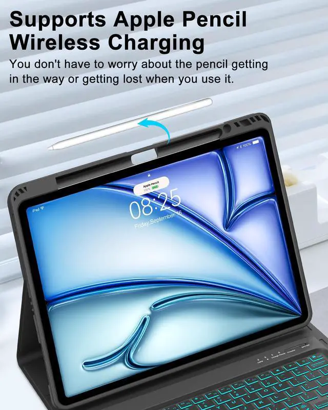 Alt view image 5 of 5 - Keyboard Case for iPad Air 13 (M3&M2) 2025/2024 & iPad Pro 12.9 inch (5th, 6th Generation), Keyboard Cover Detachable Backlit Wireless Keyboard Cover with Pencil Holder and Auto Sleep/Wake Function