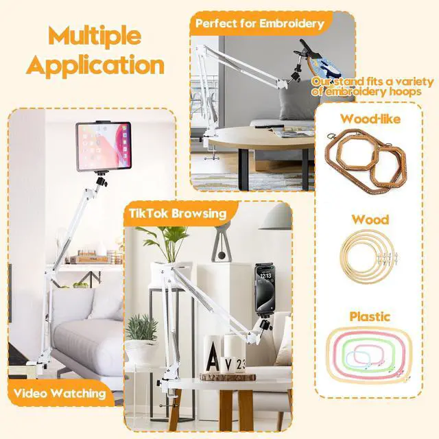 Alt view image 5 of 5 - 2Pcs White Adjustable Embroidery Hoops Stand for Hand Work,3-in-1 Hoop/Tablet/Phone Holder Desk Stand,Cross Stitch Frame Stand with 360deg Rotation,Needlework Frame Holder
