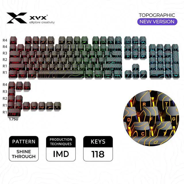 Alt view image 4 of 5 - XVX Black Topographic Shine Through Keycaps, Backlit Gaming Keycap Set with OEM Profile, Side Printed Keyboard Key caps Suitable for 60% 65% 75% 80% 96%100% MX Switches Mechanical Keyboard