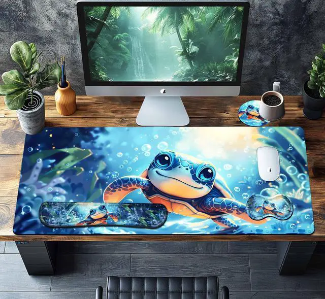 Alt view image 2 of 5 - HaoSiTeck 4-Piece Extended Large Mouse Pad Set for Women Men with Turtle Anime Design Includes 35.4 x 15.7 XXL Large Mouse Pad Keyboard Wrist Rest Mouse Wrist Support and Coaster for Office Home