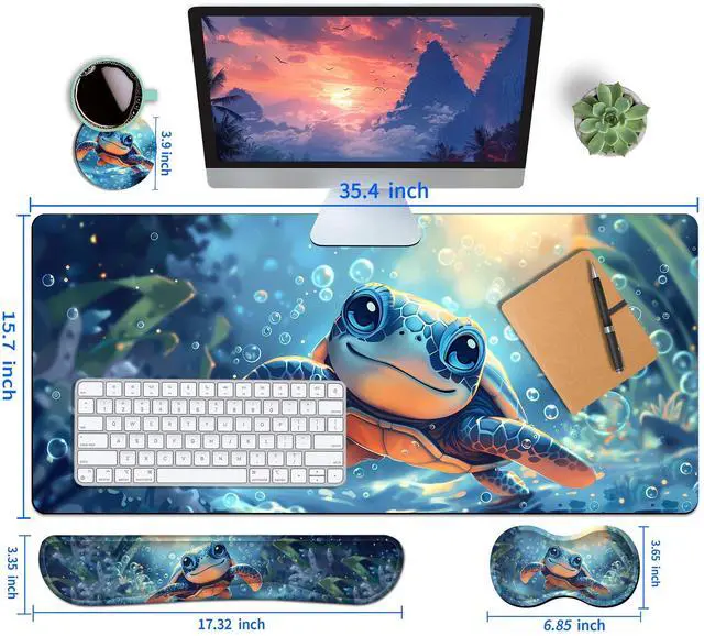 Alt view image 5 of 5 - HaoSiTeck 4-Piece Extended Large Mouse Pad Set for Women Men with Turtle Anime Design Includes 35.4 x 15.7 XXL Large Mouse Pad Keyboard Wrist Rest Mouse Wrist Support and Coaster for Office Home